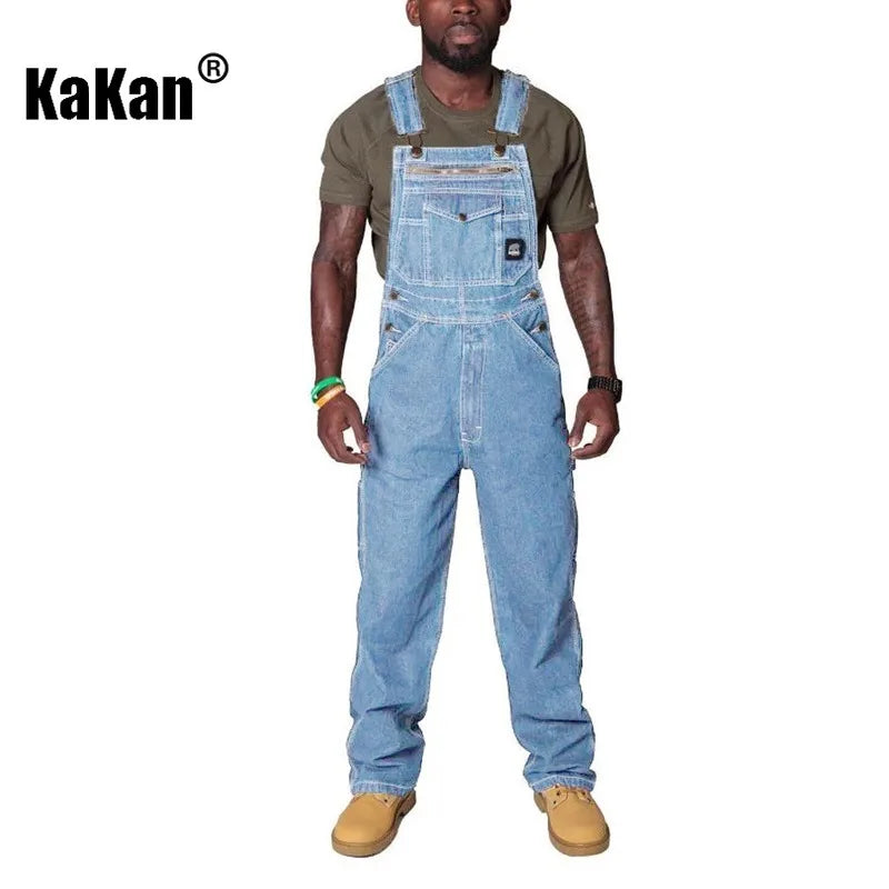 Kakan - New European and American Men's Shoulder Strap Jeans Men's Clothing, Blue Multi Pocket Torn Jumpsuit Long Jeans K34-722