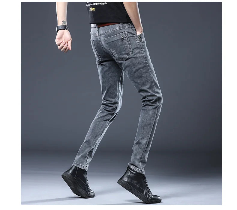 2024 New Gray Jeans Men's Slim Elastic Korean Fashion Vintage Casual Skinny Feet Male Clothing Denim Trousers 27-36