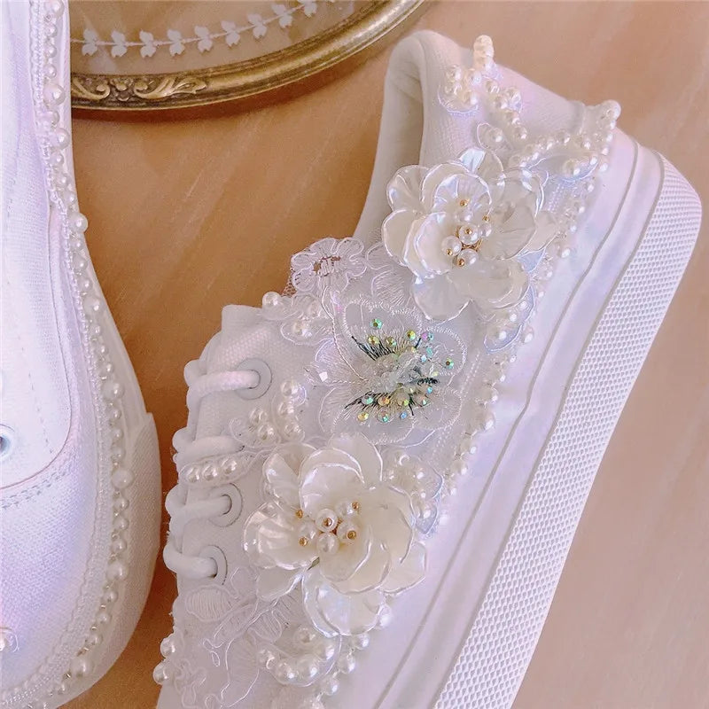 New Thick-Soled White Shoes Daisy Canvas Low-Top 3cm Internal Handmade Wedding Party White Lace Shoes Lace Sneaker