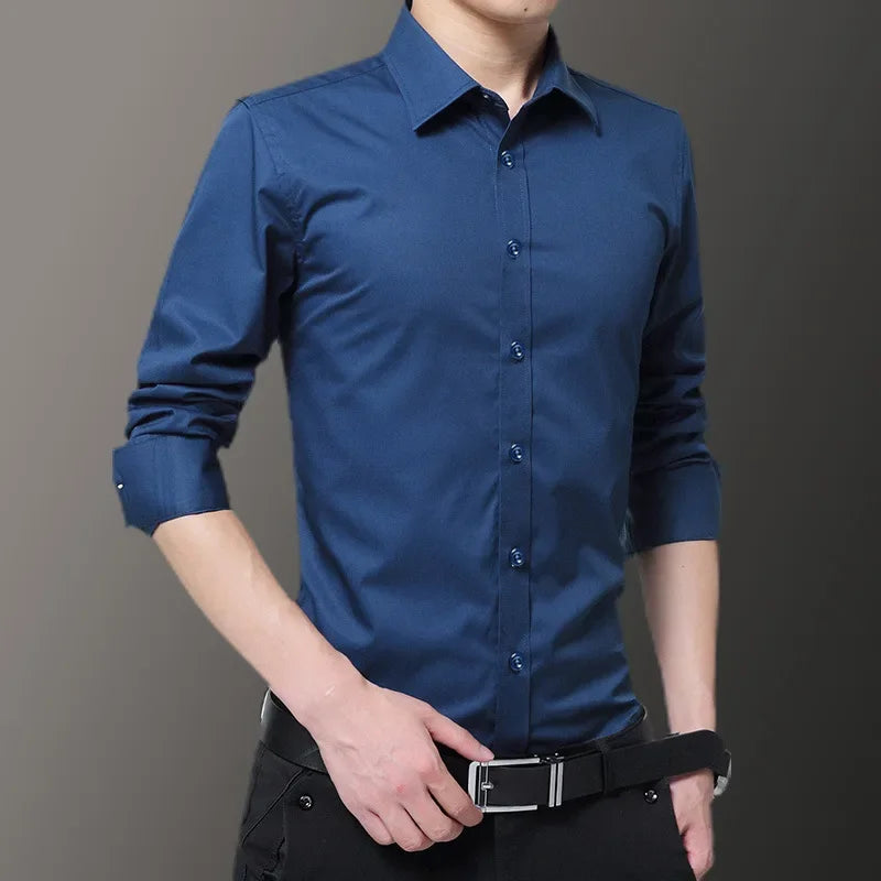 Korean Style Slim Fit Long Sleeve Shirt For Men Casual Trendy Grey Colour Straight Cut Regular Fit Clothing For Spring Autumn