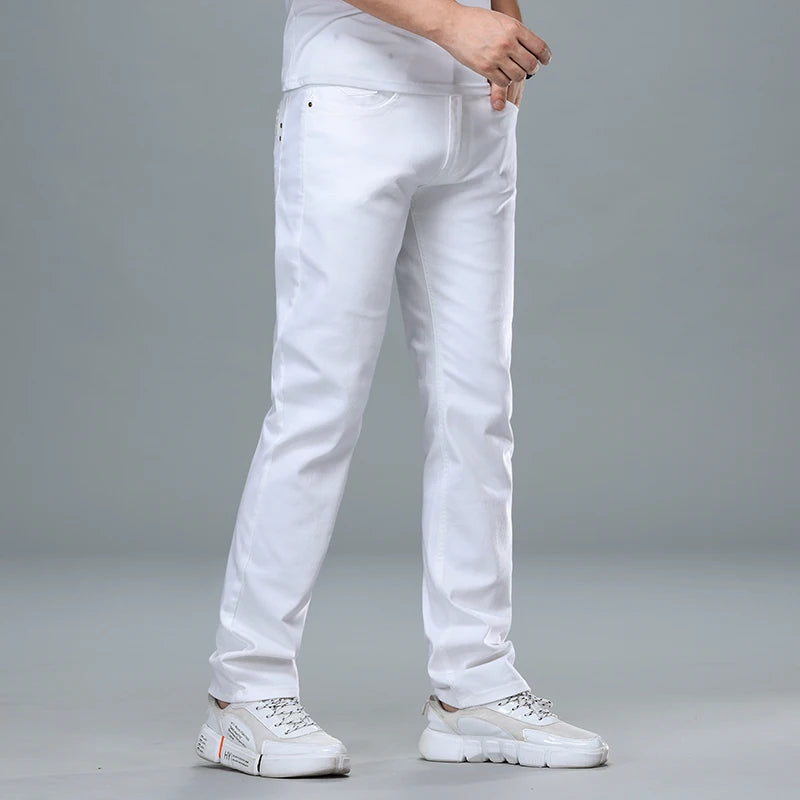 SHAN BAO Men's White Jeans 2022 Spring Summer Brand Clothing Cotton Elastic Comfortable Business Casual Lightweight Slim Jeans