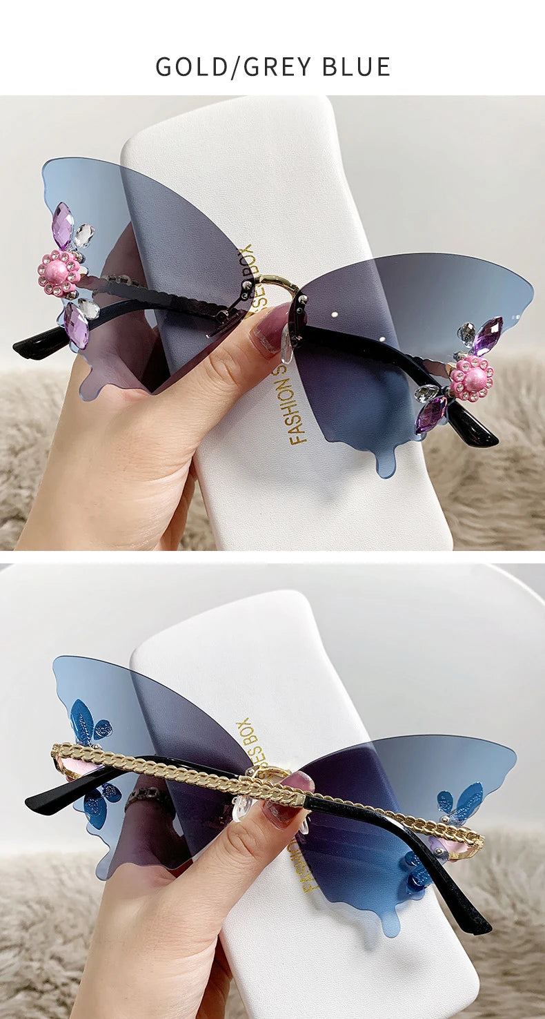 iboode Butterfly Shaped Sunglasses Diamond Frameless Sunglasses For Women Girl Exaggerat Frame Fashionable Retro Vintage Eyewear