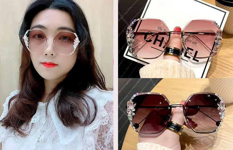 New Decorative Diamonds Sunglasses Women's Metal Mirror Leg Large Frame Sun Glasses Fashion Women Eyewear UV400 Oculos De Sol