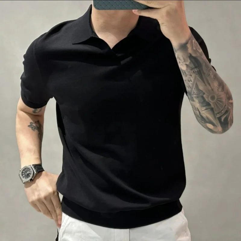 High Quality Fashion Simple Smart Casual Summer New Solid Thin Polo Shirt Men's Lapel Patchwork Versatile Short Sleeved Knit Top