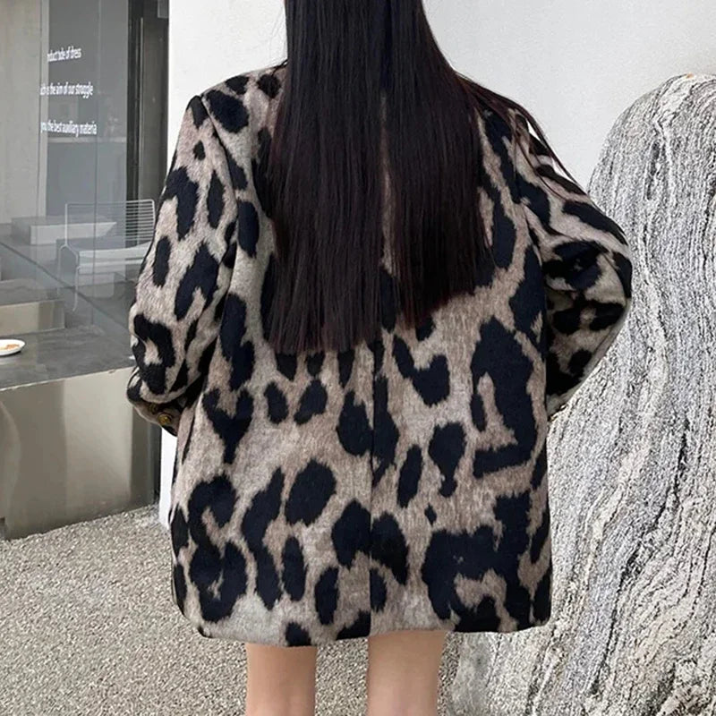 Leopard Print Women Jacket Autumn Winter Chic Office Lady Coat 2024 New Vintage Fashion Long Sleeve Pocket Female Blazers Jacket