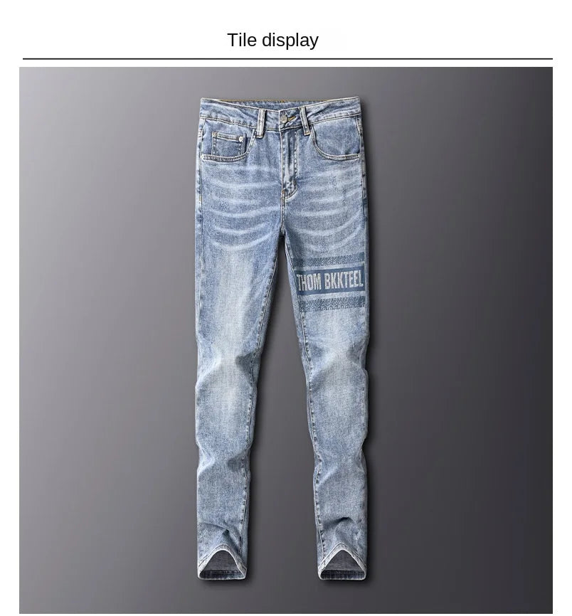 2024 Blue High-End Men's Jeans Spring/Summer Thin Trendy Fashion Printed Light Luxury All-Matching Business Casual Trousers