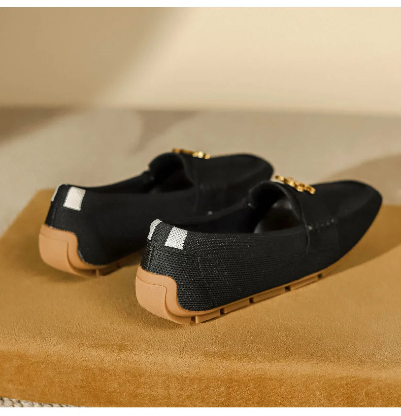 Women's Knitting Square Head Flat Shoes Soft Sole Comfortable Anti slip Casual Bean Causal Shoes 2024 Fashion New Spring