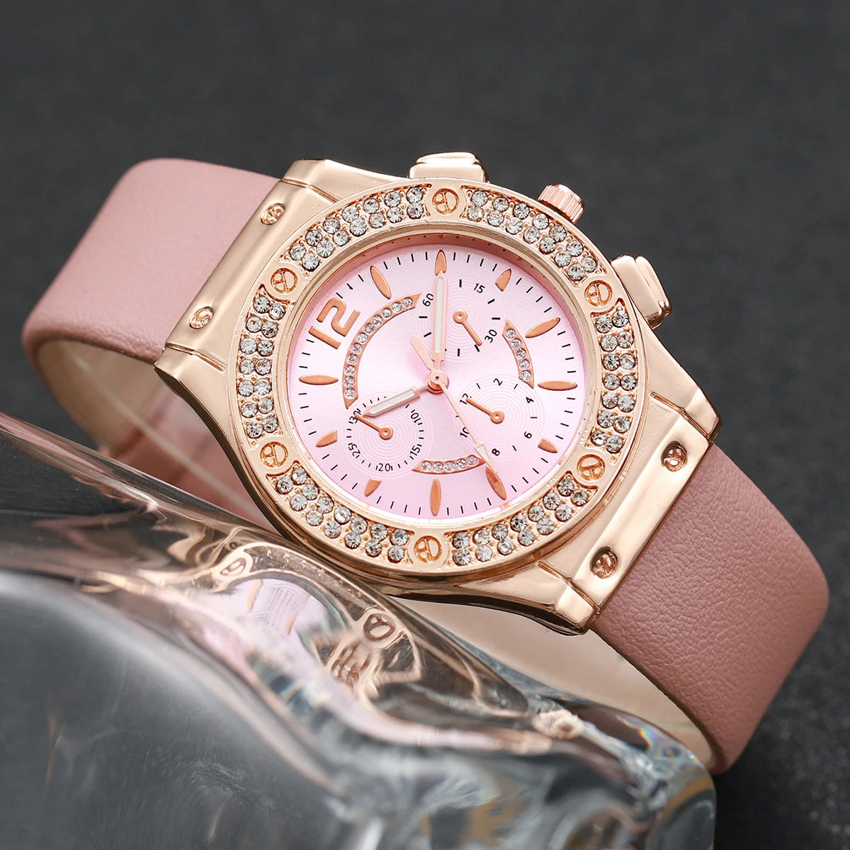 6PCS/Set Fashion Rhinestone Women's Watch Leather Band Analog Quartz Watches Heart Jewelry Set（Without Box）