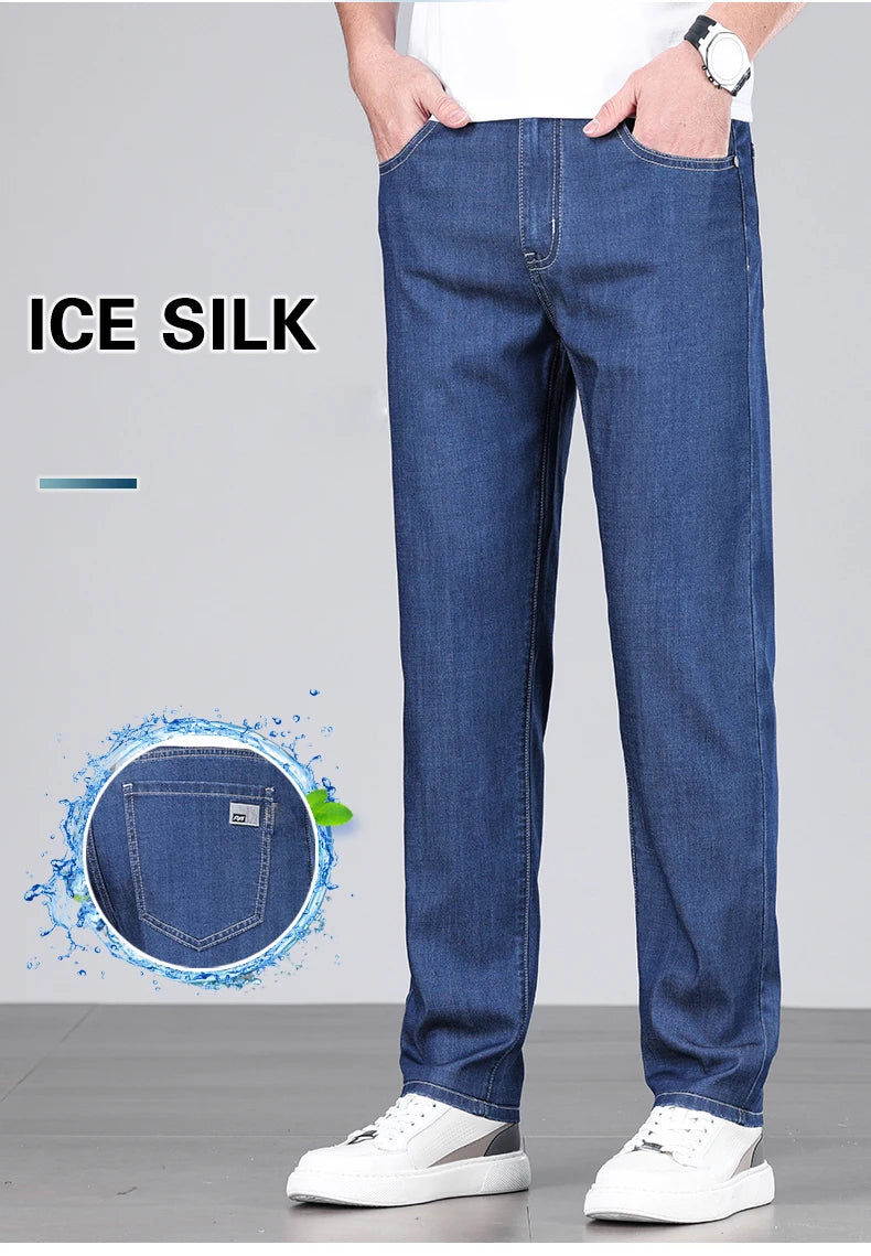 4 Colors New Lyocell Jeans Men's Clothing Thin Stretch Straight Business Casual Denim Pants Loose Cotton Trousers Male