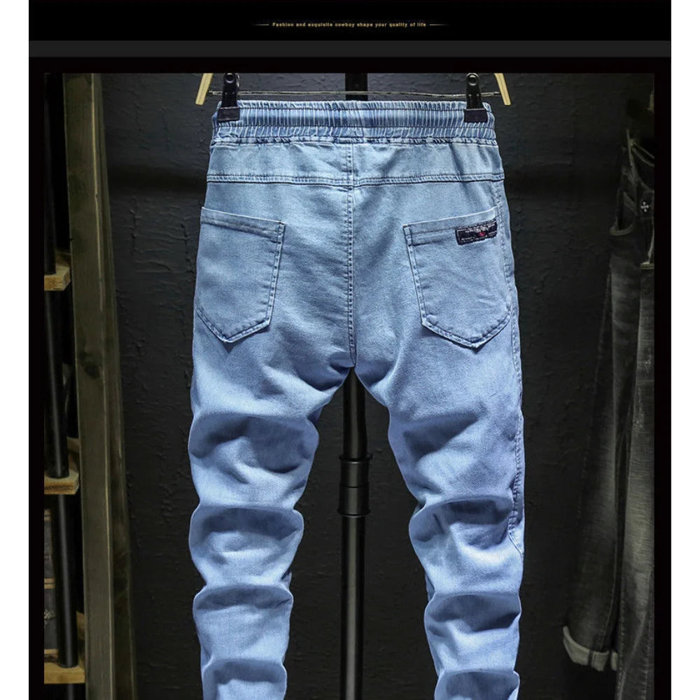 New Summer 2023 Drawstring Thin Luxury Men's Work Jeans Korean Style Clothes Streetwear Punk Casual Harem Jogger Denim Pants