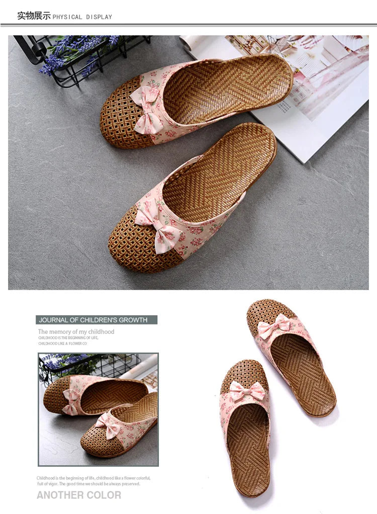 Women for Shose Slippers Summer Beach Flip Flops Breathable Linen Flat Slippers Female Casual Flax Bow Ladies Men Sandals