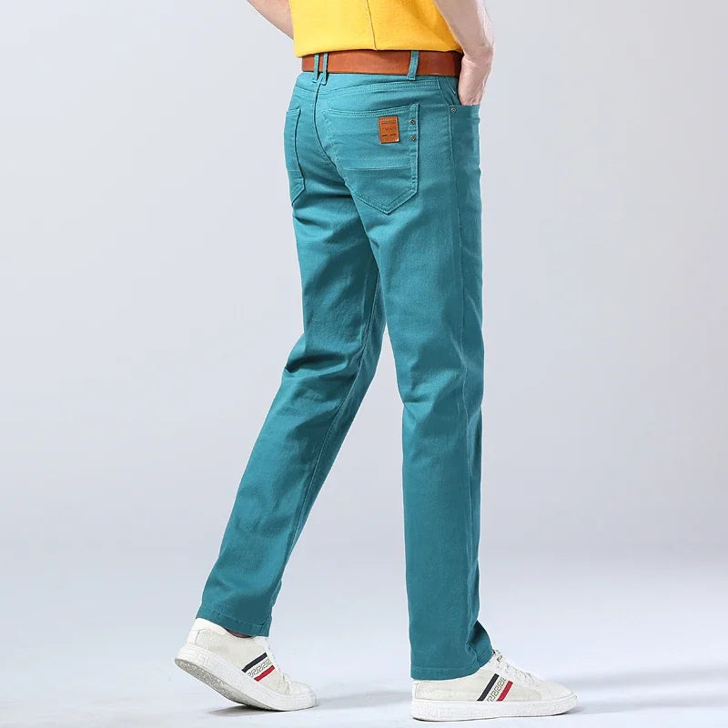 2024 Autumn New Men's Stretch Fit Jeans Bright Trendy Denim Straight-leg Trousers Male Red Lake Blue Yellow Trousers