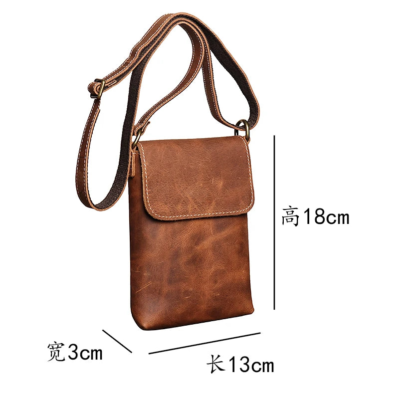 Crazy Horse Leather Small Vintage Sling Crossbody Bag Man Flap Locking Shoulder Bag Simple Men's Phone Key Pocket Bag