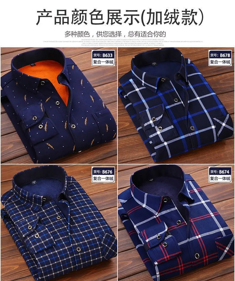 2024 Men's Autumn Winter Casual Fleece Plaid Shirt Fashion Soft Warm Turn Down Collar Long Sleeve Shirt Male High-Quality Tops