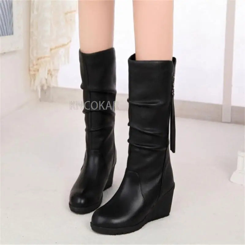 Winter Warm Fur  Boots Womens  Boots High Heels Side Zipper Female Shoes Black Woman Boots Shoes Wedge Boots Shose Women