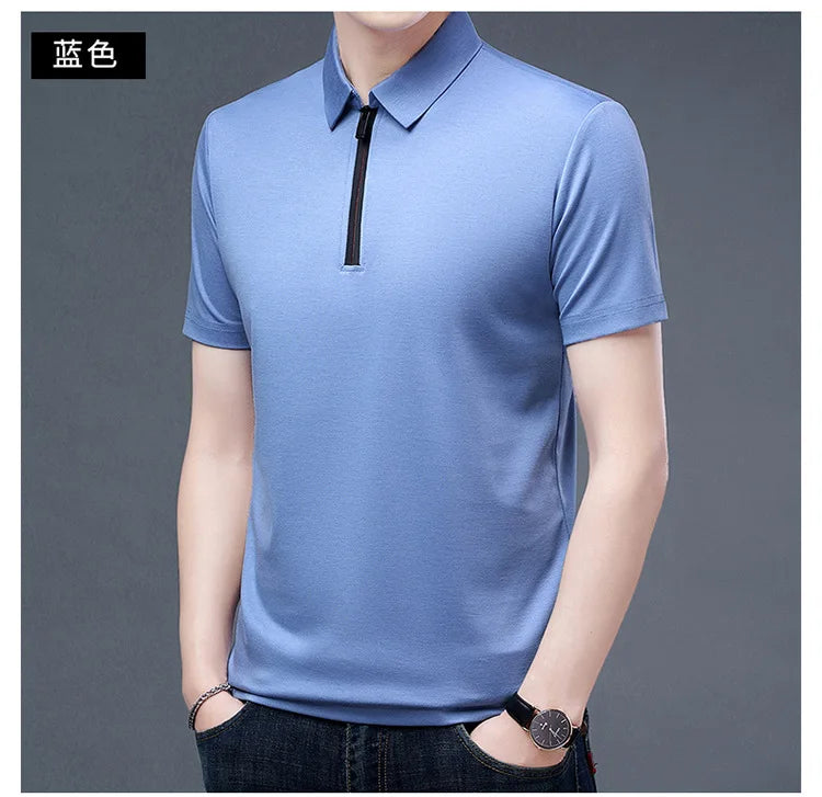 2023 Summer Men's Ice Silk Cool Polo Short Sleeve T-shirt Large Thin T-shirt Short Sleeve Polo Shirt Business Casual Shirt