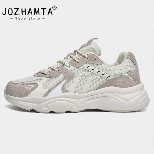 JOZHAMTA Size 36-43 Women High Heels Sneakers Casual Platform Leather Breath Mesh Tennis Athletic Shoes For Woman Lace Up 2025