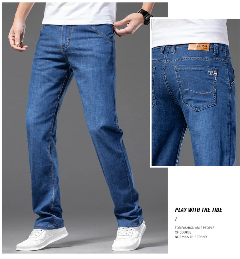 Large Size Men's Stretch Thin Jeans Summer Classic Black Blue Business Casual Straight Denim Pants Baggy Trousers 44 46