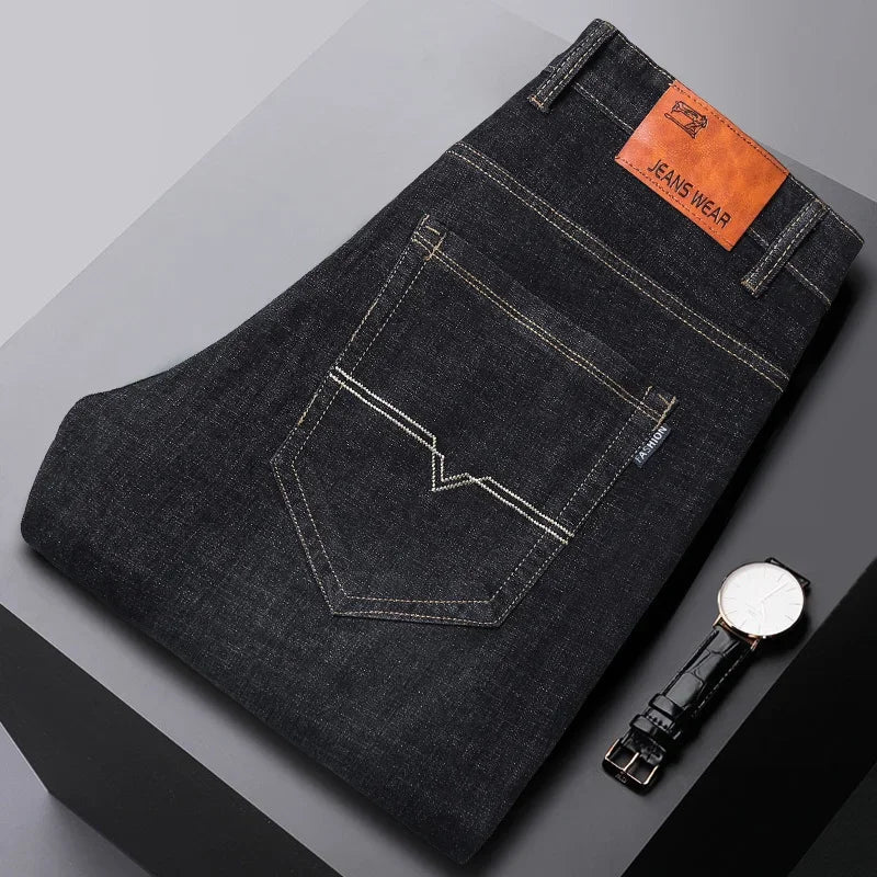 Summer Fashion Men Stretch Smart Business Jeans Classic Male Straight Regular Blue Black Denim Trousers Plus Size Brand Clothing