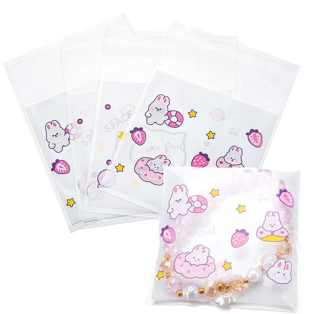 50pcs Cute Cartoon Print Adhesive Bags Transparent Self Sealing Plastic OPP Bags for DIY Jewelry Retail Dispaly & Packaging