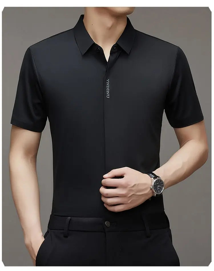 Summer Smart Casual Short Sleeved Men's Shirt Men's Solid Square Neck Button Embroidered Letter High End Wrinkle Resistant Tops