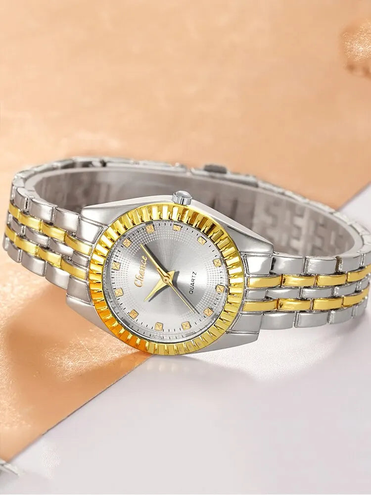 2pcs Women's Fashion Trend Round Steel Band Quartz Watch+Diamond Butterfly Chain Bracelet Set