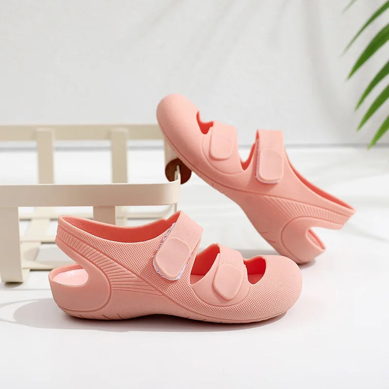 Children Sandals Hollow Out Closed Toe Beach Shoes Breathable Candy Color Roman Sandals for Boys Girls Soft Non-slip Kids Shoes