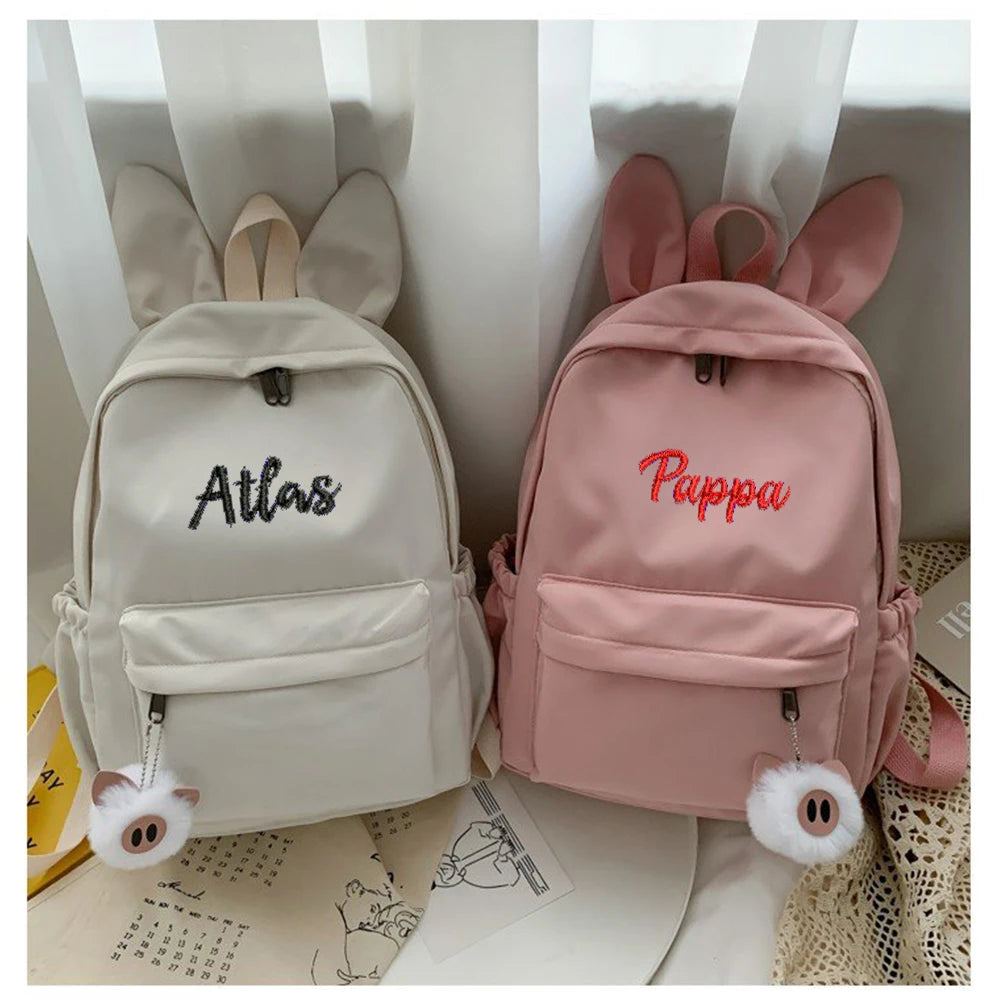 Personalized And Simple Rabbit Ears New Fashion Nylon Fabric Backpack Customized Embroidery Name Men's And Women's Student Bag