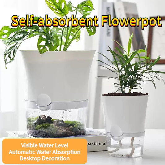 Transparent Plastic Self Watering Flowerpot Cotton Rope Automatic Suction Planter for Desk Garden Lazy Self-Absorbing Plants Pot