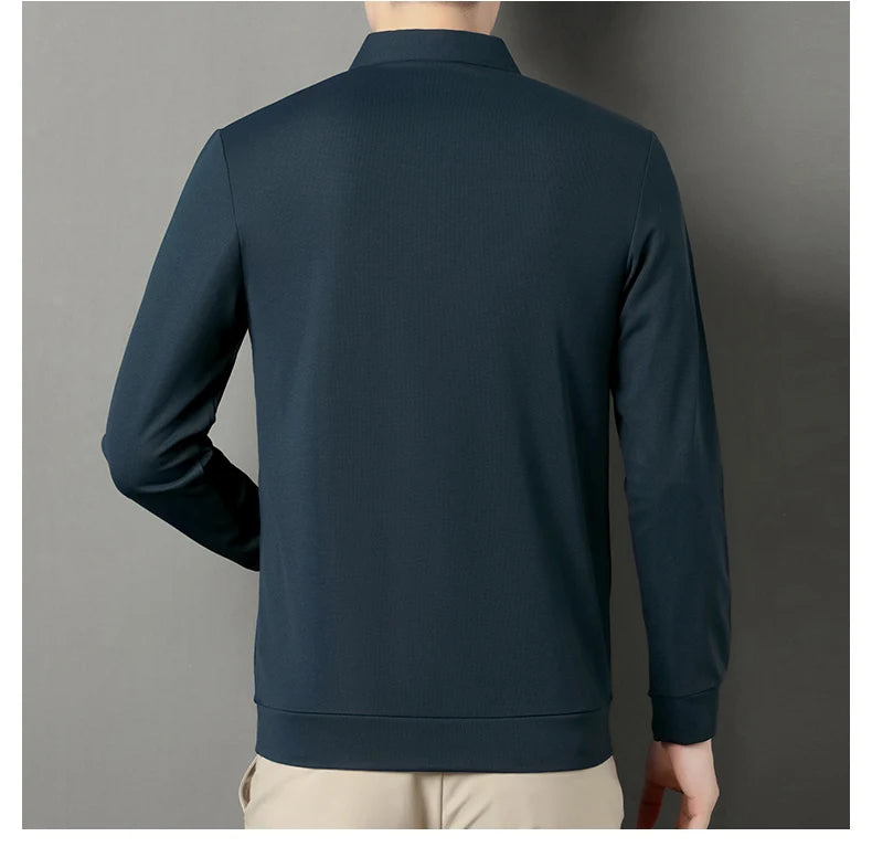 2024 Autumn New Men's Long-sleeved Polo Shirt Business Casual Slim Elastic Top Fashion Classic Solid Color Male Brand Tees