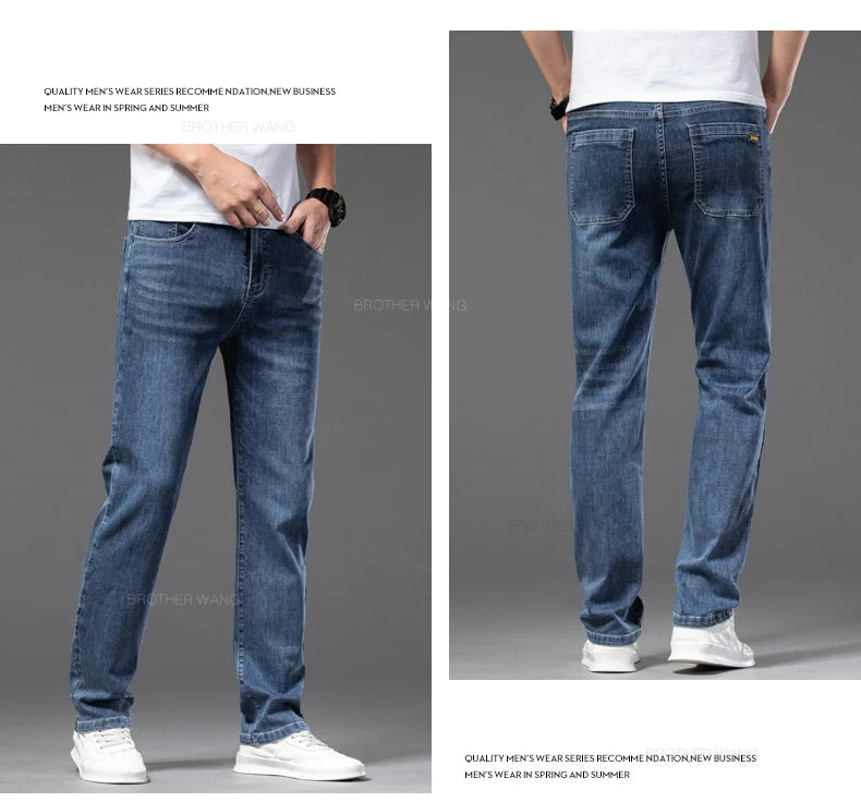 2024 Summer New Men's Thin Jeans Elastic Waist Loose Straight Comfortable Casual Denim Pants Brand Trousers Plus Size 42 44 46