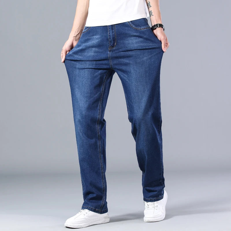 SHAN BAO cotton stretch men's straight loose loose summer thin jeans 2022 spring classic brand casual lightweight jeans blue