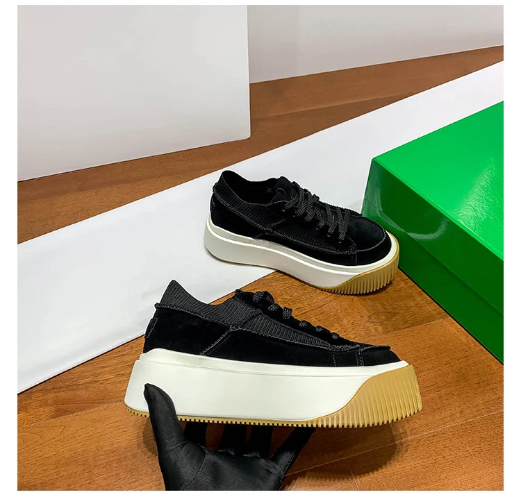 New Luxury Height Increase Flats Platform Shoes Women er Casual Sneakers Genuine Leather Lace-up Thick Sole Board Shoes