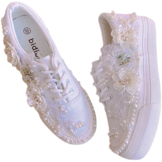 New Thick-Soled White Shoes Daisy Canvas Low-Top 3cm Internal Handmade Wedding Party White Lace Shoes Lace Sneaker