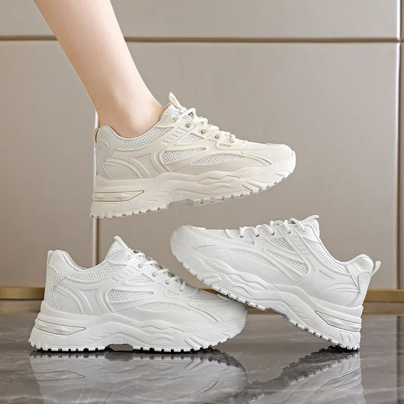 2024 Spring and Summer Casual Fashion New Breathable Solid Color Sneakers Comfortable Round Toe Thick Sole Women's Walking Shoes