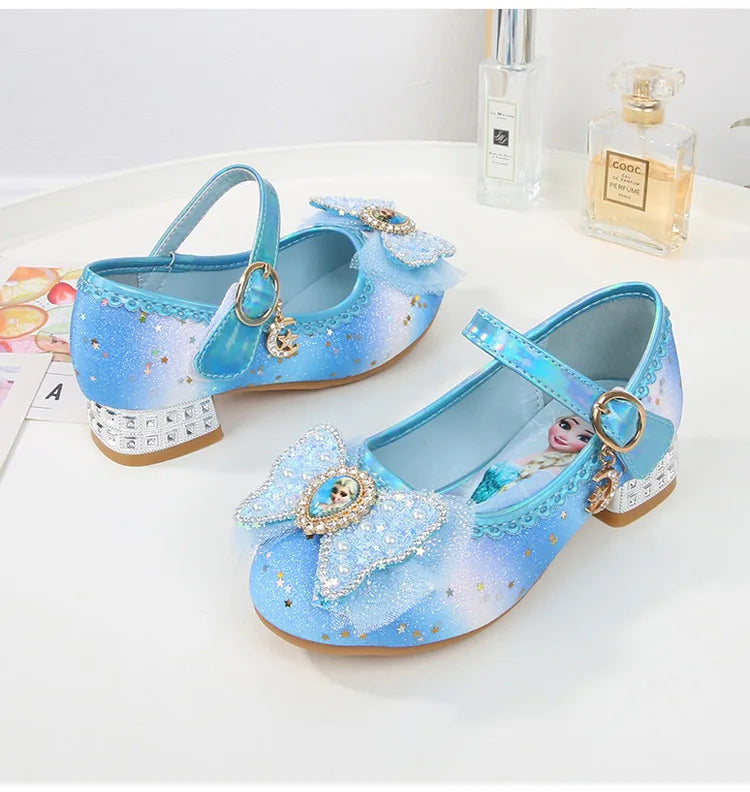 Disney Women Causal Shoes Children's High Heels Princess Elsa Girls' Shiny Rainbow Crystal Leather Pink Blue Shoes Size 23-36