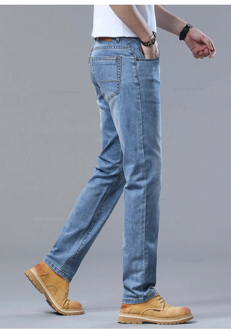 2024 Spring and Summer Thin Men's Light Blue Jeans Classic Style Business Fashion Stretch Fabric Straight Pants Male Brand