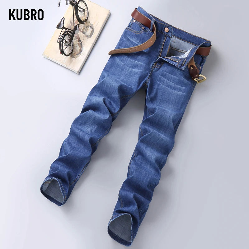 KUBRO Men Business Stretch Men's Jeans Men Korean Fashion Straightleg Versatile Denim Long Loose Pants Trendy Business Trousers