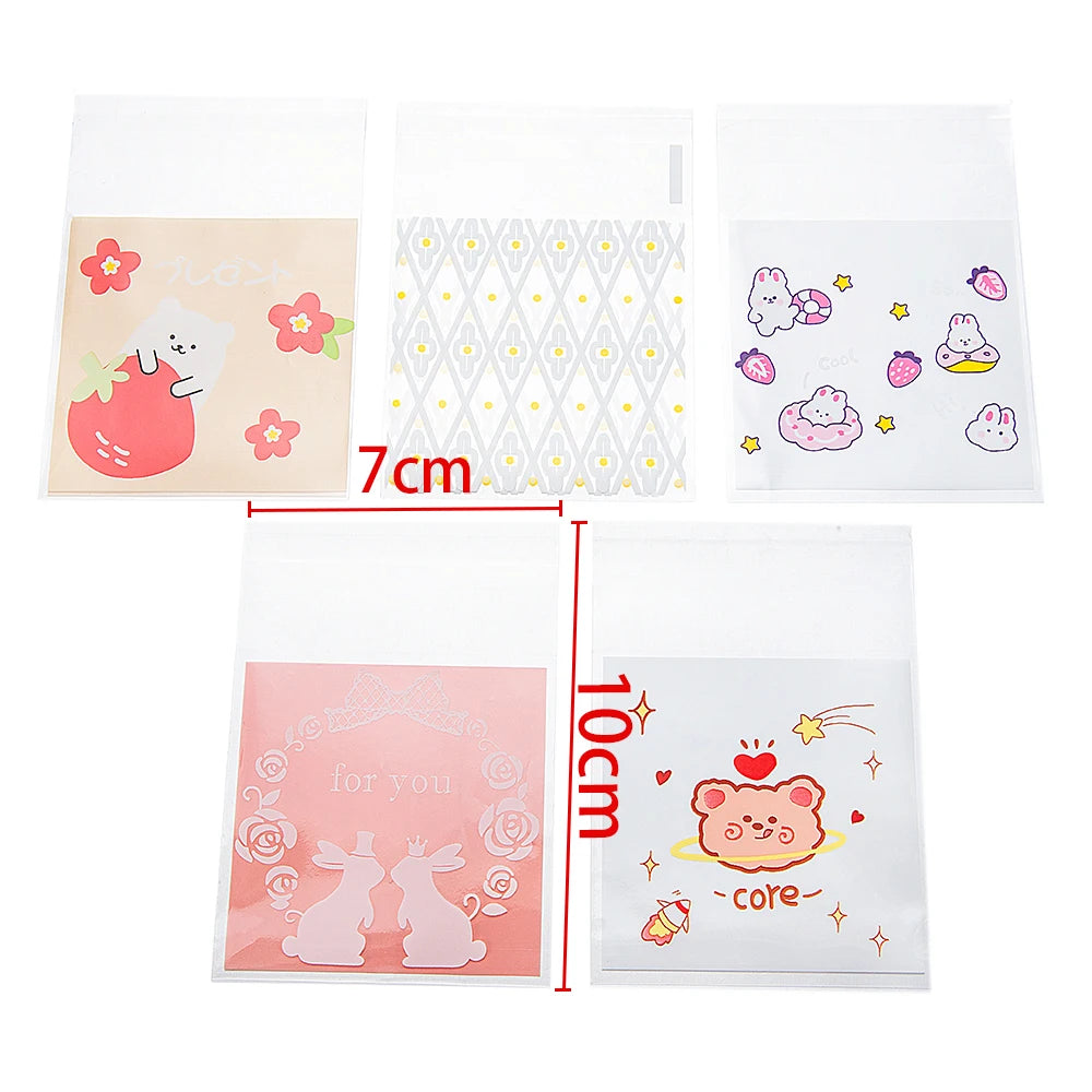 50pcs Cute Cartoon Print Adhesive Bags Transparent Self Sealing Plastic OPP Bags for DIY Jewelry Retail Dispaly & Packaging