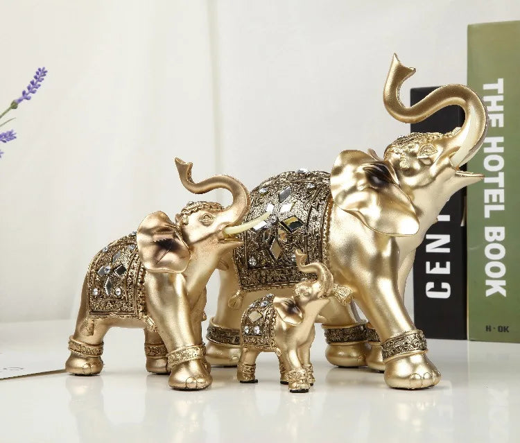 Golden Resin Elephant Statue Feng Shui Elegant Elephant Trunk Sculpture Lucky Wealth Figurine Crafts Ornaments For Home Decor