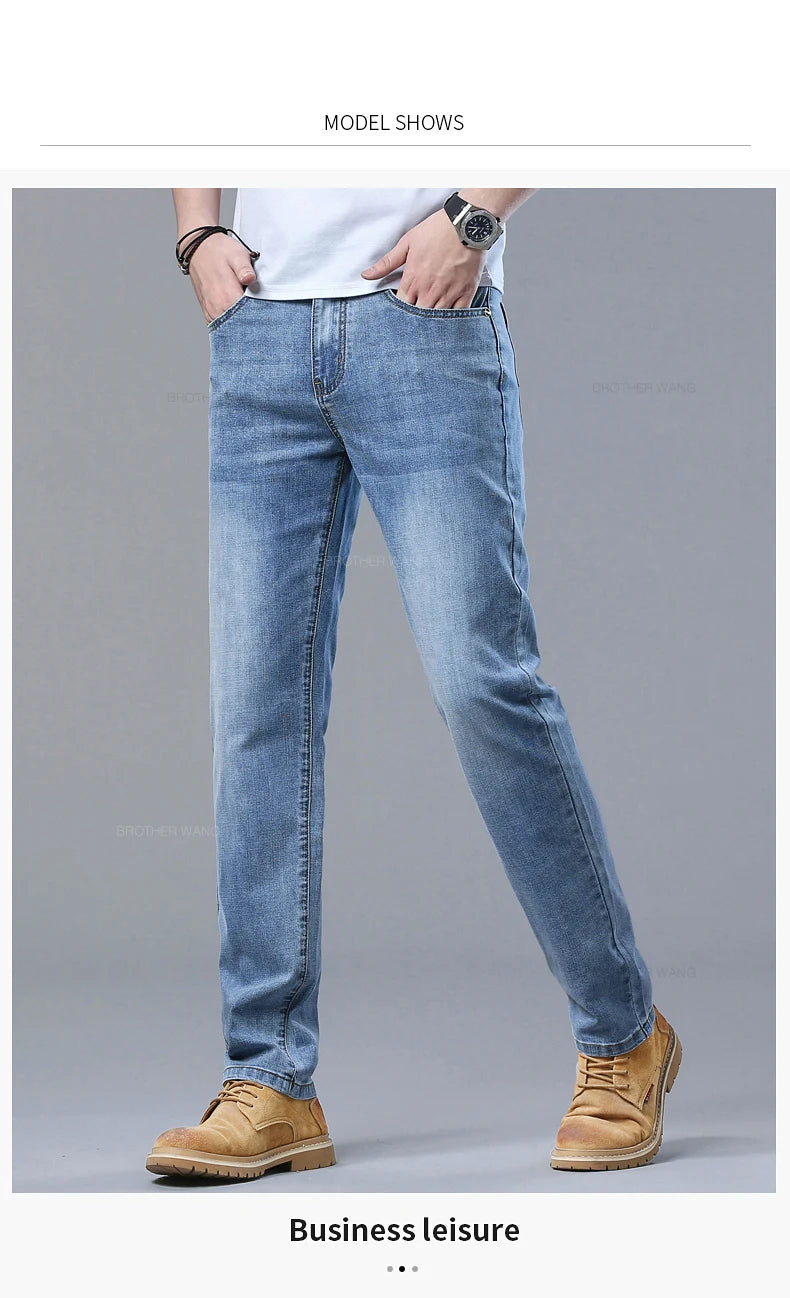 2024 Spring and Summer Thin Men's Light Blue Jeans Classic Style Business Fashion Stretch Fabric Straight Pants Male Brand