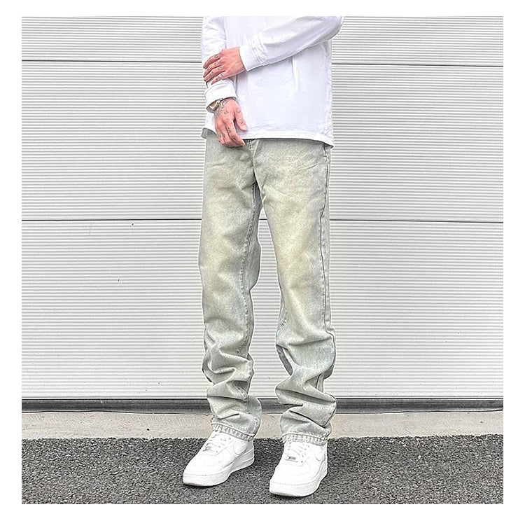 Streetwear Vibe Vintage Distressed Washed Trousers Jeans Yellow Mud Dyed Zipper Split Straight Jeans Men's and Women's Clothing