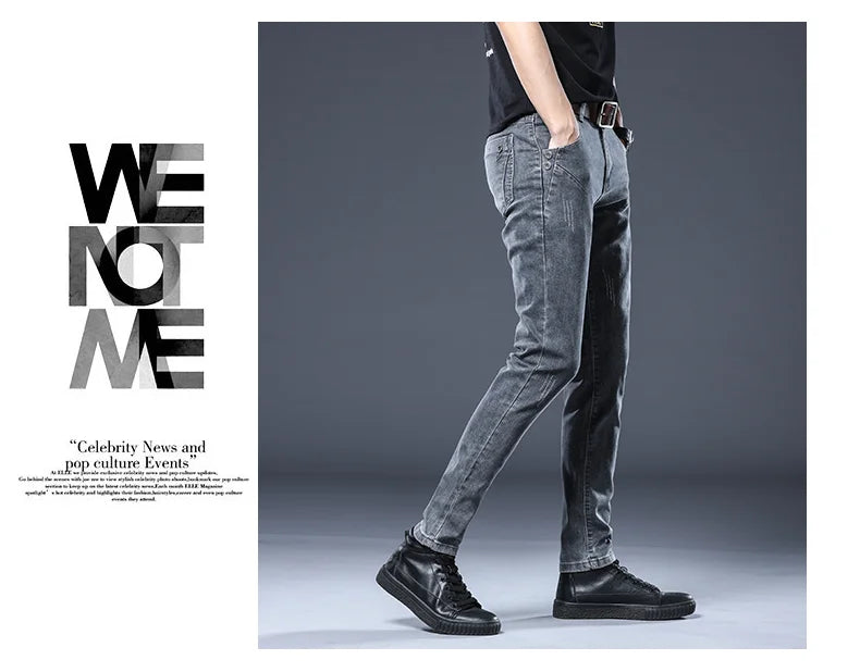 2024 New Gray Jeans Men's Slim Elastic Korean Fashion Vintage Casual Skinny Feet Male Clothing Denim Trousers 27-36