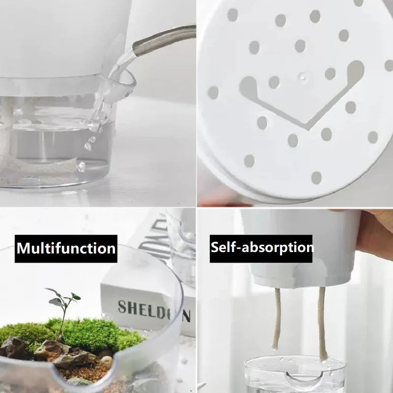 Transparent Plastic Self Watering Flowerpot Cotton Rope Automatic Suction Planter for Desk Garden Lazy Self-Absorbing Plants Pot