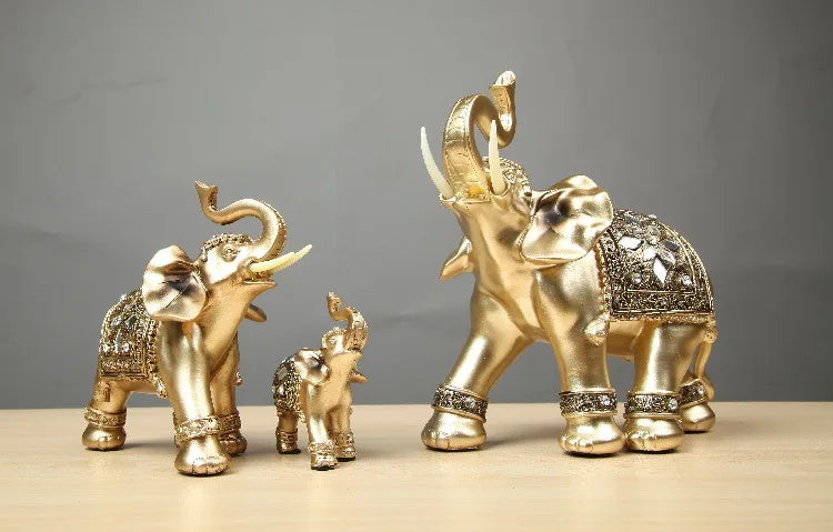 Golden Resin Elephant Statue Feng Shui Elegant Elephant Trunk Sculpture Lucky Wealth Figurine Crafts Ornaments For Home Decor