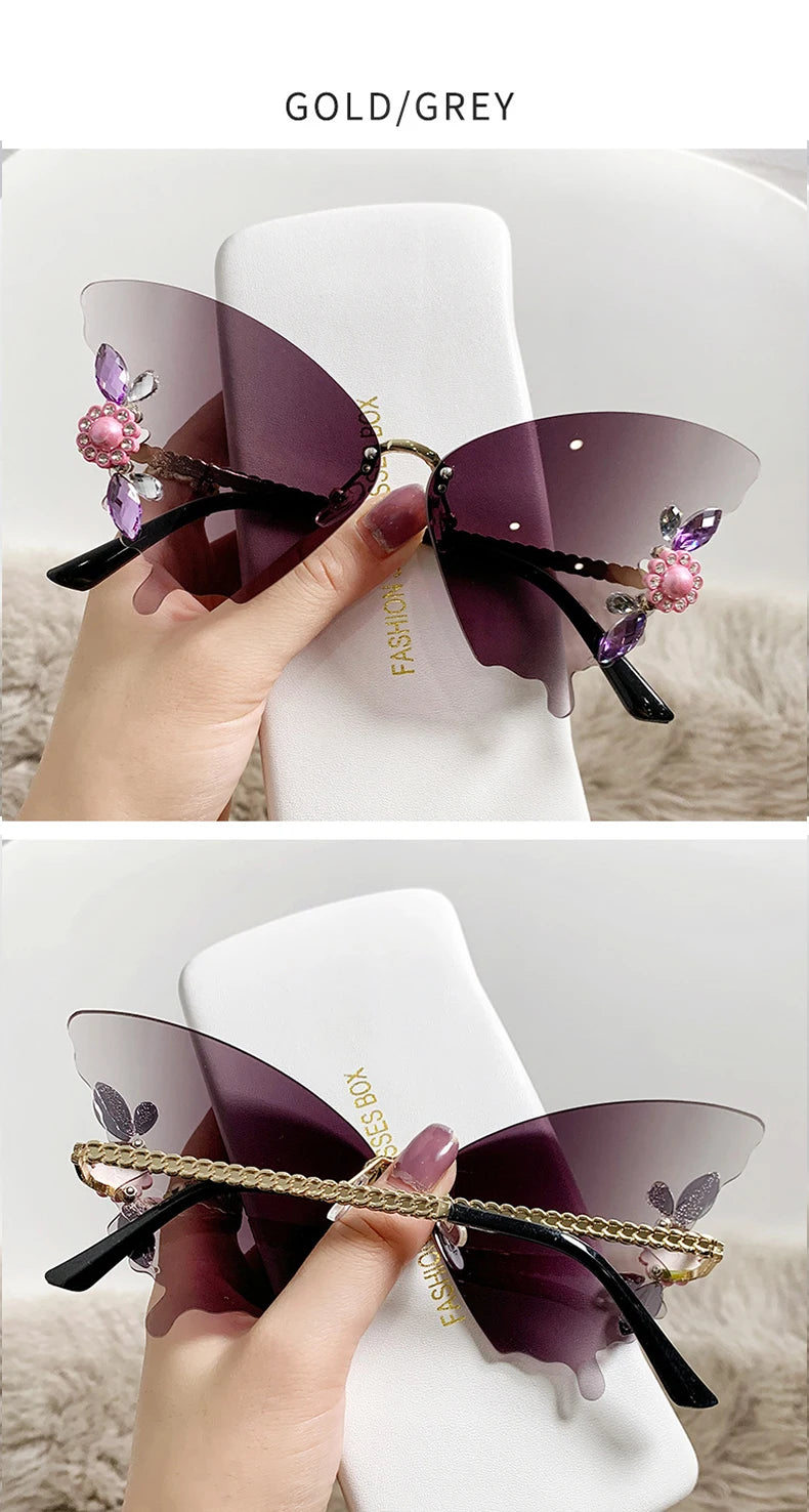 iboode Butterfly Shaped Sunglasses Diamond Frameless Sunglasses For Women Girl Exaggerat Frame Fashionable Retro Vintage Eyewear