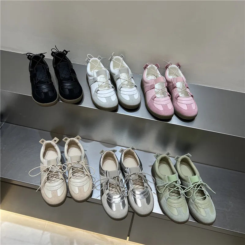 2024 Women Spring Summer New Soft Leather Korea Y2k Designer Casual Ballet Sports Athletic Training Flat Sneakers Female Shoes