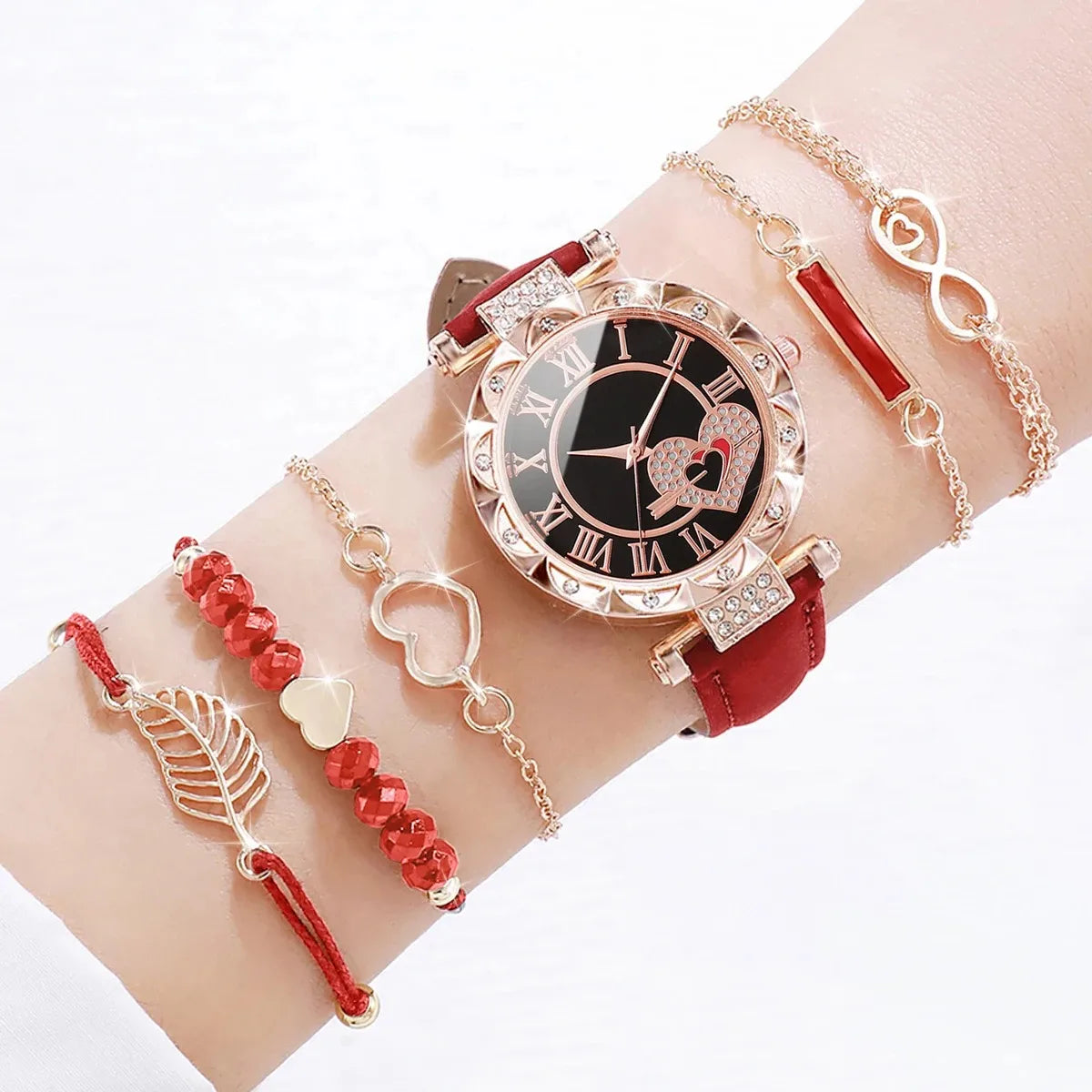 6PCS/Set Women's Watch Fashion Roma Heart Dial Leather Band Quartz Watches Leaf Bracelets Set(Without Box)