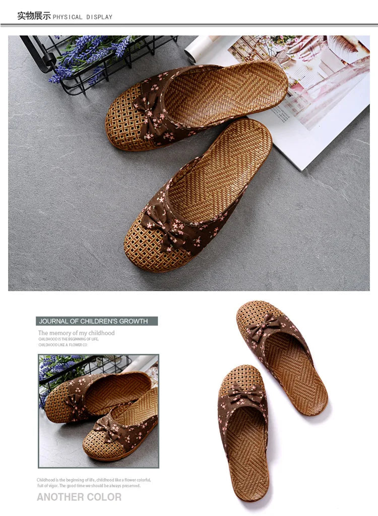 Women for Shose Slippers Summer Beach Flip Flops Breathable Linen Flat Slippers Female Casual Flax Bow Ladies Men Sandals