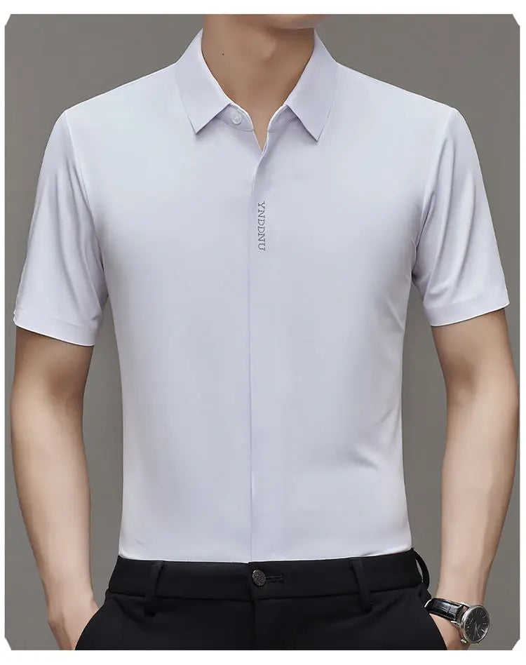 Summer Smart Casual Short Sleeved Men's Shirt Men's Solid Square Neck Button Embroidered Letter High End Wrinkle Resistant Tops